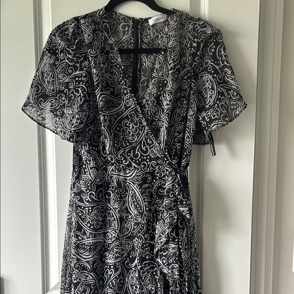 Calvin Klein Black and White Wrap Sundress with Flutter Sleeves